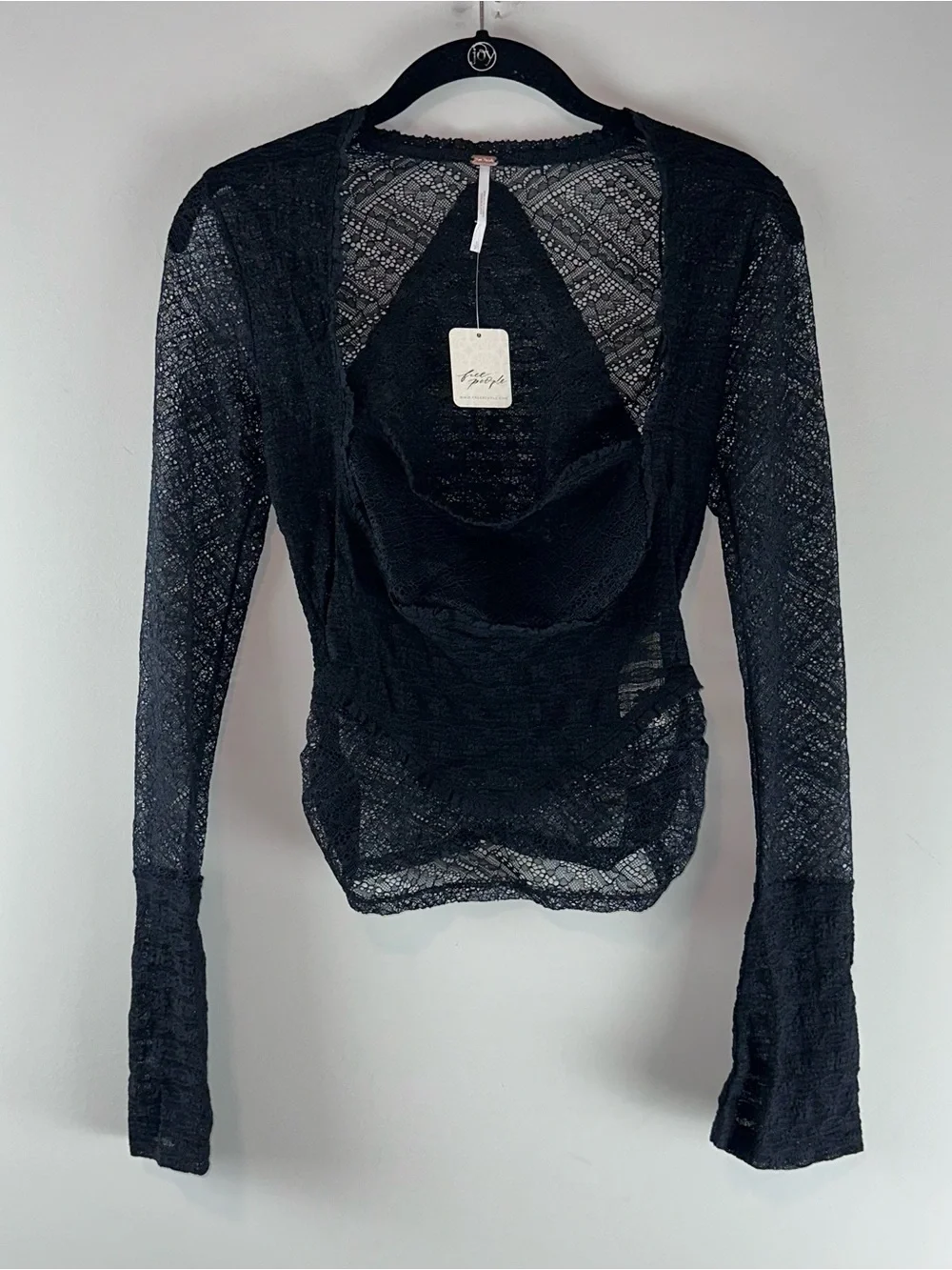 Free People My Party Top in Black Semi Sheer Square Neck Long Sleeve Top Size S